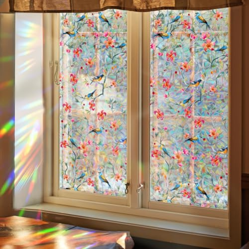 GORGECRAFT 100x43cm Bird on Tree Rainbow Window Privacy Film Sun Blocking Window Cling Stained Window Glass Decorative 3D Static UV Resistant Suncatcher Window Cover Decals Non-Adhesive for Room