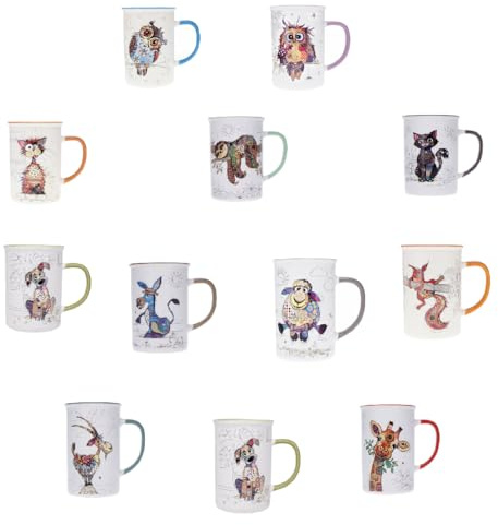 KIUB Set mit 12 Tassen mit Tieren (Katze, Hund, Eichhörnchen, Faultier, Giraffe, Schaf...) Fassungsvermögen 360 ml – Höhe 11,5 cm – Porzellan