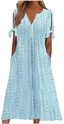 KUIH Boho Dresses for Women UK,Ladies Summer Dresses with Pockets V Neck Casual Dress Hollow Out Short Sleeve A Line Beach Dress Plus Size Sundress Holiday Clothes