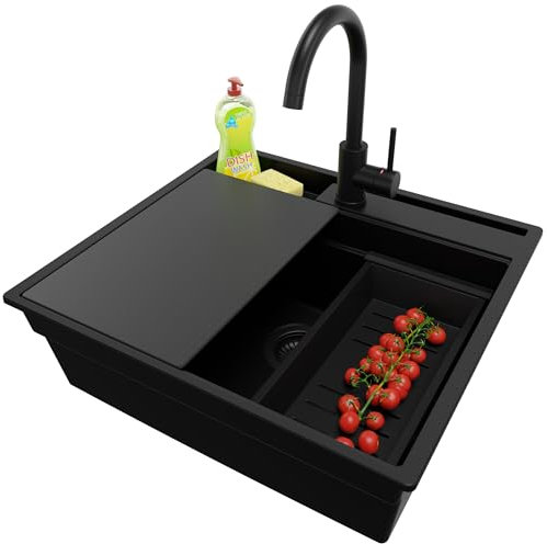 PRIMAGRAN Evier Cuisine en Granit Tout Noir 58x53cm, Lavabo 1 bac + Kit de Vidage + Robinet 32x20cm + Planche à Découper, Évier à Encastrer au meuble 60cm - Oslo Pocket