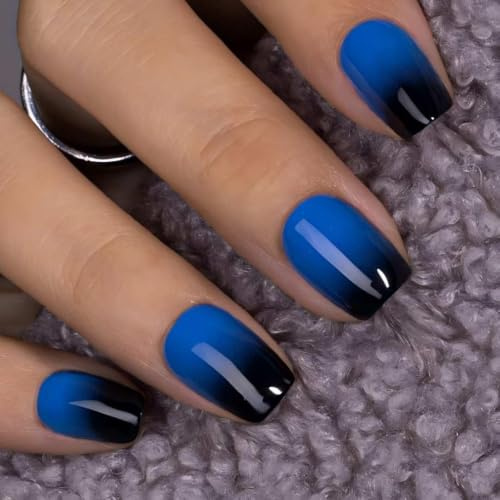 KQueenest French Press On Nails Short - Ombre Blue Black Press On Nails Square, Gradient Short Fake Nails, Glossy Opaque, Reusable Soft Gel Glue on Nails for Women Gift, 30 Pcs