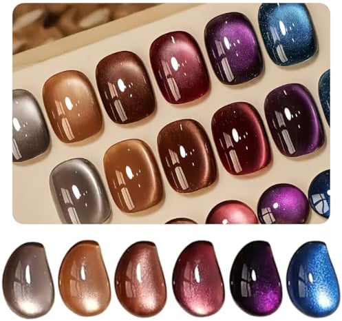 FRUJCDKI Gel Nail Polish Set, 6 Colors Autumn Nude Brown Orange 9D Cat Eye Gel Polish Champagne Gold Glitter Nail Polish with Magnet and Wooden Stick Soak Off LED Manicure Kit (Set 6)