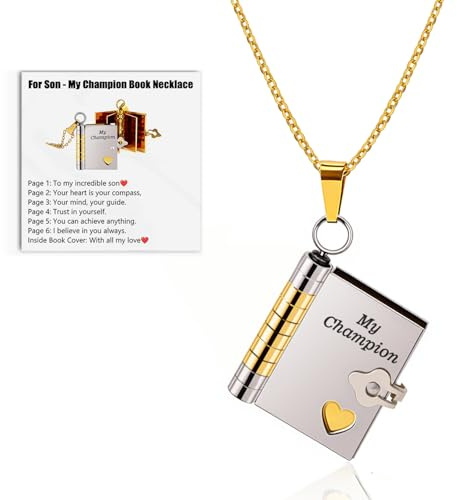 VIVIZEN Verstellbare Buch-Halskette mit Gravur aus 18 Karat Gold, mit 6 Seiten, Geburtstagsgeschenk für Sohn, Tochter und Liebhaber, For Son - Champion Book Necklace(Sliver), Sterling Silber, 1