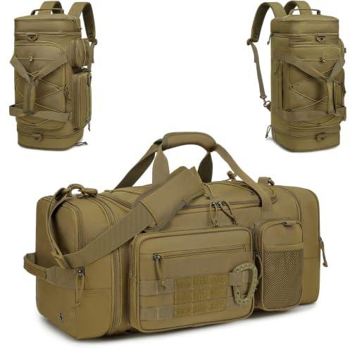 TONRUYN Bolsa Deporte Hombre 40-45 litros Ampliable 3 en 1 Mochila Gimnasio Táctica Militar Bolsa de Viaje con Compartimento para Zapatos para Camping, Fitness, Entrenamiento - Gym Bag Marrón