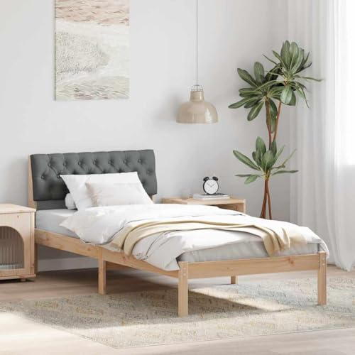 QJBSAVVA 90x200 cm Massivholz-Kiefer Bettgestell, Plattformrahmen mit Lattenrost, Wand-Kopfteil, Braun-Grau, 214×95,5×78,5 cm