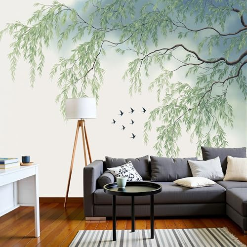 Papier Peint Panoramique Oiseaux À L'Aquarelle Saule, Poster Geant Mural Personnalisé 3D, Illustration Chinoise Pour Salon Chambre D'Enfant Décoration Murale, Vert Sauge Moderne Murales, 250X175Cm