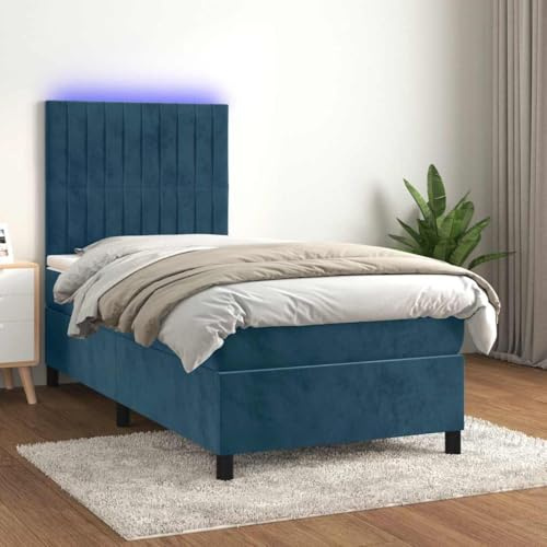 Owoxanthellate Boxspringbett Samt Dunkelblau 100x200 cm mit LED Beleuchtung Höhenverstellbares Kopfteil Einzelbett mit Taschenfederkernmatratze für Schlafzimmer Jugendzimmer