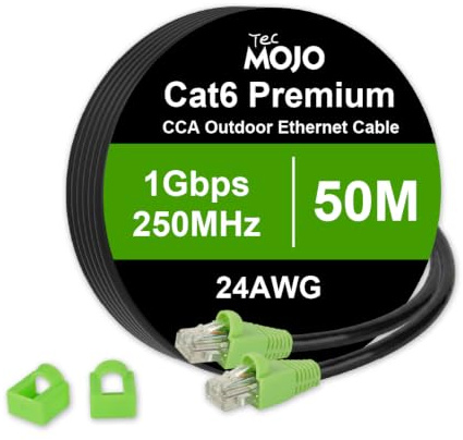Tecmojo Cat 6 Outdoor Ethernet Cable 50M 24AWG Patch Cord RJ45 Internet Cable with Double Layered Jacket(PVC+PE) for Direct Burial and Conduit Runs,CCA, Black, 50M