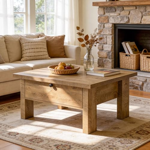 Tribesigns Coffee Table for Living Room, 31.5 Square Coffee Table with Storage for Small Spaces, Farmhouse Wooden Coffee Tables with Sturdy Legs, Easy Assembly