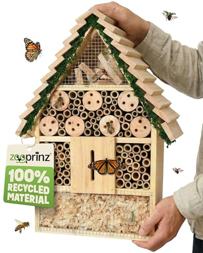 zooprinz Insektenhotel XXL aus Holz 40,5 cm Stufendach | Wetterfestes Insektenhaus und Bienenhotel mit Bambus-Röhrchen als Nisthilfe für Wildbienen, Garten und Balkon