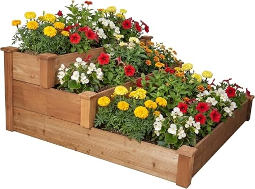 needs&wants® Großes Hochbeet Stufenbeet 3-stufig aus Holz für Garten Terrasse, Pflanzbeet Pflanztreppe XL quadratisch, Etagen Blumenbeet Kräuterbeet Blumentreppe, 123,5 x 123,5 x 53 cm, braun