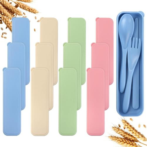 DIYJEP Lot de 12 couverts de voyage avec étui, couverts de camping portables, réutilisables en plastique, cuillère, fourchette, couteau, couverts pour adulte, pique-nique, école, bureau, extérieur