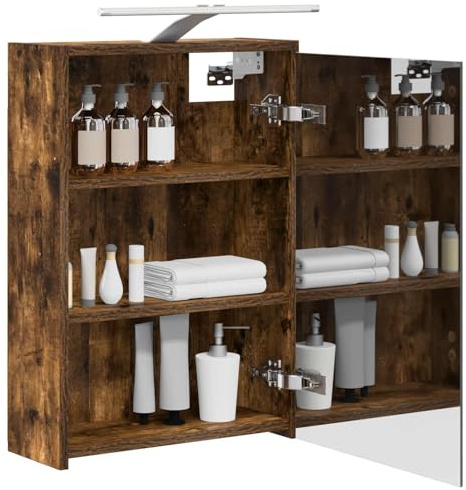 vidaXL Badezimmerspiegelschrank Geräucherte Eiche 43 x 16 x 62.5 cm, Moderne Badezimmer, rechteckiger Stauraum, Wandregal, doppelseitiger Spiegel, Flexibles Möbel