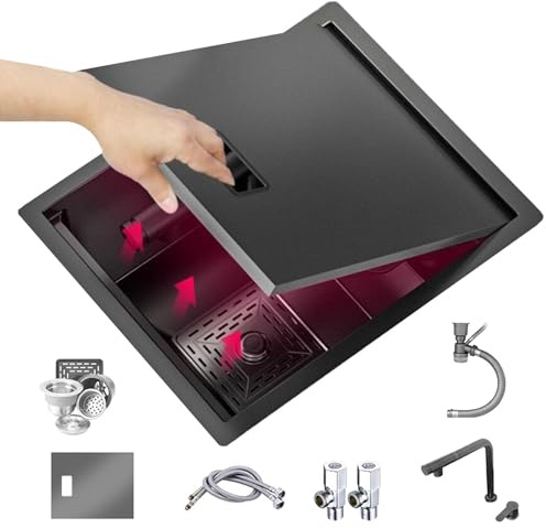 Grifo extraíble invisible – Lavabo oculto de acero inoxidable para uso en exteriores e interiores (40 x 54 x 22 cm) – Diseño que ahorra espacio, fácil de limpiar