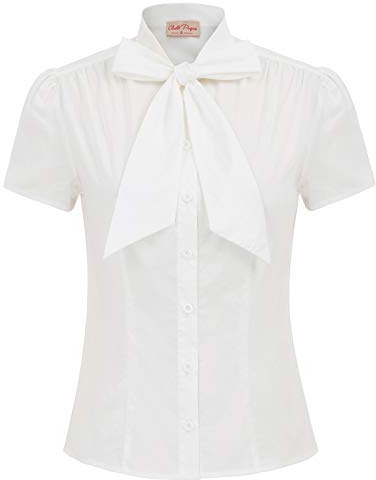 Belle Poque Hemden für Damen Büro Arbeit Bluse Sommer Vintage Retro Kurze Ärmel Streifen Tops mit Bow-Knot