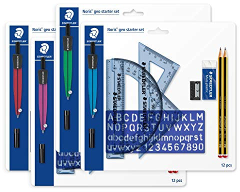 Staedtler 569120P2MS - Set per geometria (Noris geo, include compasso, goniometro e molto altro ancora), 12 pezzi
