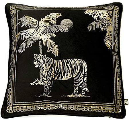 Laurence Llewelyn-Bowen - Black & Gold Jungle Tiger Velvet Cushion - 43 x 43cm - Filling/Padding Included - Black Velvet Cushion with Gold Metallic Printing - Tiger Collection