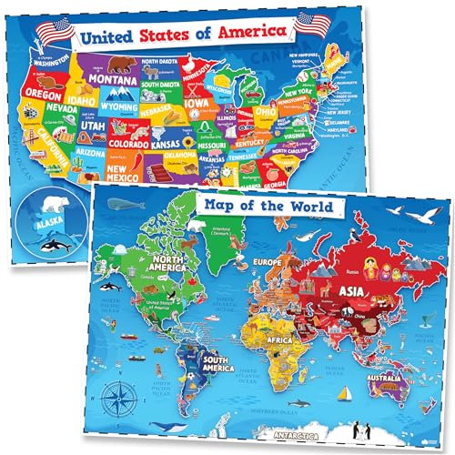 Poster USA und Weltkarte für Kinder – 2 Stück – 61 x 45,7 cm laminiert USA & Weltkarte – Kinder US Karten für Wandposter zum Lernen, Klassenzimmer, Bildung, Schulanfang
