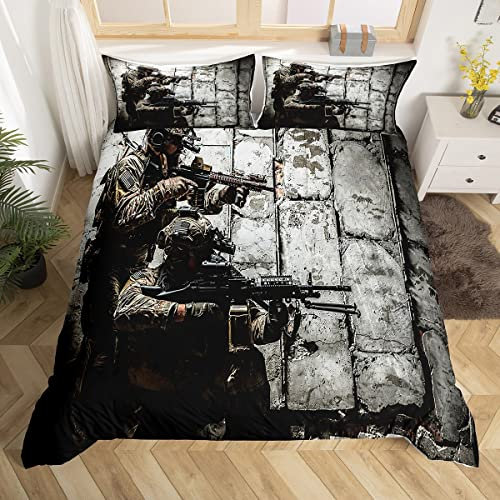 Soldat mit Waffe Tröster Bezug, Jungen Teens Under Mission, Bettbezug, Armee-Gewehr, Maschinengewehr, Militär-Thema, Tagesdecke Queen Size Camouflage Schlafzimmer Dekoration für Jugendliche Mann
