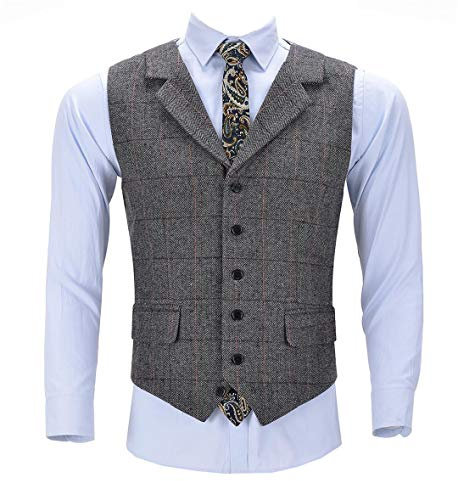 wkd-thvb Herren Armee grüne Weste Plaid weiche Wolle grau Jacke Casual Gentleman Tweed Business Weste Groosmen Hochzeit Grey XL
