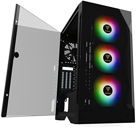 Zeus GAMDIAS ATX Mid Tower - Carcasa para Juegos con 3 Ventiladores ARGB de 120 mm y Panel Lateral de Vidrio Templado con Puerta abatible