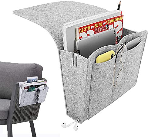 MDDZ Nachttisch-Organizer, Betttasche, Aufbewahrungstasche zum Aufhängen, für Telefon, Fernbedienung, Magazin, Brille, Buch, Pad mit Löchern für Kabel und 5 Taschen (hellgrau)