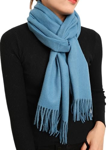 Prettystern langer und weicher Wollschal einfarbig mit Fransen für Herbst Winter Herren und Damen - Blau