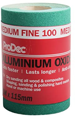 ProDec 5m Roll 100 Grit Medium-Fine Grade Green Aluminium Oxide Abrasive Sanding Paper for Sanding Wood, Paint, Plaster, Filler, Metal and More, 115mm Wide Sandpaper Compatible with Machine Sanders