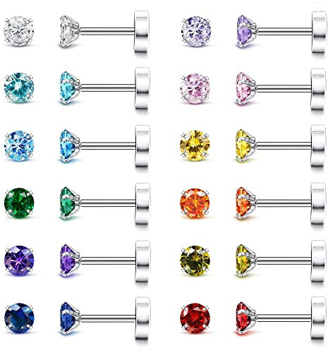 JeryWe 12 paires Acier Inoxydable Clou D'oreilles Femmes Hommes,Rondes Boucle d'Oreille Zircon Coloré Plat Boucles d'Oreilles 20G Cartilage Boucles d'Oreilles Hypoallergéniques