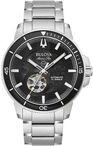 Bulova Marine Star Automatik Herren Armbanduhr aus Edelstahl in der Farbe Silber-Schwarz 45mm, Wasserdichtigkeit: 20Bar, 96A290