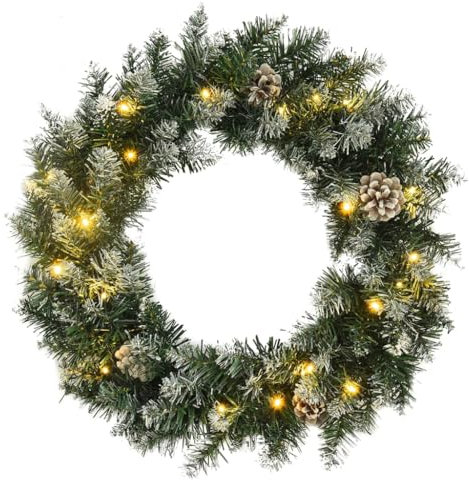 vidaXL Weihnachtskranz mit LED-Leuchten Türkranz Künstlicher Kranz Wandkranz Weihnachten Girlande Dekokranz Adventskranz Grün 60cm PVC