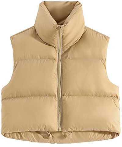 fuinloth Gilet da Donna Primaverile e Autunnale Smanicato Senza in Tinta Unita Giacca Senza Maniche Cappotti con Cerniera Cachi L