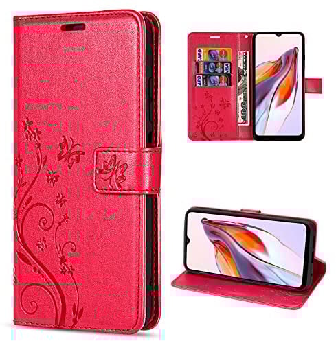 betterfon Hülle Kompatibel mit Xiaomi Redmi 12C | Premium PU Leder Handyhülle Wallet Case für Redmi 12C | Schutzhülle Blumen Klapphülle Handyhülle | Rot