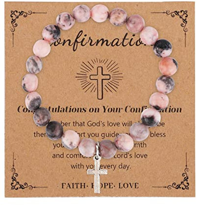 LUTER Bracelet en Pierre Naturelle avec Perles et Pendentif Croix pour Filles Femmes