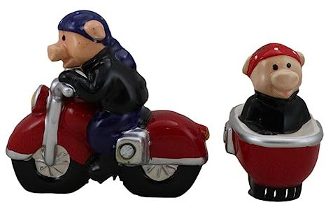 Ebros Gift Wild At Heart Porcine Hog Riders Biker Pig Couple Riding Motorcycle and Side Car Rig Salt And Pepper Shakers Set Ceramic Figurines With Rubber Stoppers