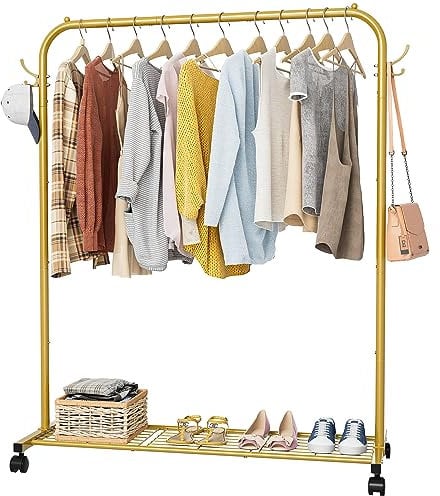 Clothes Rail, Portable Clothes Rack with Hook and Metal Storage Shelf, Heavy Duty Clothes Rail on Wheels, Clothing Rail Clothes Rails for Bedroom, Hanging Rails for Clothes, Holds up to 40 kg, Golden