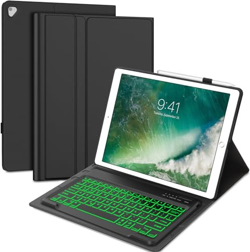 SENGBIRCH iPad Pro 12.9 Case with Keyboard 2nd Generation, for iPad Pro 12.9-inch - 2015 1st, 2017 2nd Generation, (Old Model: A1670/A1671/A1584/A1652), 7 Colors Backlit, with Pencil Holder, Black