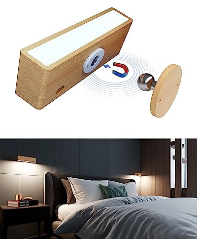 DetarZinLED Lámpara de Pared con Batería de Carga USB, Lampara Mesita Noche Recargable, Apliques de Interior Adhesivos para Dormitorio sin cable (Madera de haya, 1 Pcs)