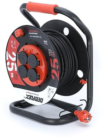 DEBFLEX - Kabeltrommel HO5RR-F 3G1,5 mm² – Elektrische Kabeltrommel mit Verlängerungskabel 25 m + 4 wasserdichte Steckdosen IP44 – mit Kabelführung – Verriegelung Touret – PVC + Metall – Schwarz