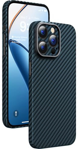 memumi Carbon Hülle für iPhone 15 Pro, 0,5 mm Superdünne, Hülle aus echter Aramidfaser [100% Aramidfaser] mit Fallschutz in Militärqualität für iPhone 15 Pro -Blau
