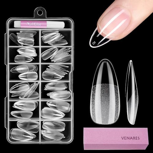 Unghie Finte Corte in Gel, Venaes 120 Pezzi Mandorla Tip Unghie Ricostruzione 12 Taglie Full Cover Tip Unghie Trasparenti, Set Unghie Finte con Colla Buffer per Unghie, Gel Tip per Unghie