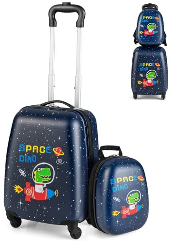 SOARS Kinderkoffer & Rucksack, Kindertrolley mit Rollen & verstellbarem Griff, Koffer Set, Kindergepäck, Reisekoffer Kinder Jungen & Mädchen, für Spielzeug, Kleidung (Dinosaurier, 12+16)