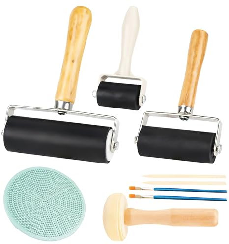 APOMOONS Lot de 3 rouleaux de peinture en caoutchouc pour impression lino, rouleau robuste avec 1 rouleau champignon et 1 gravure pour graphiques d'impression, tampons, encres, papier peint et