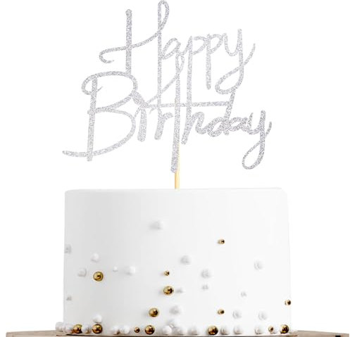 Sotpot 1PC Happy Birthday Cake Topper Sliver Glitter Happy Birthday Cake Decoration Photo Booth Props for Anniversary Birthday Party Decorations