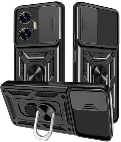 Yutwo Funda para Realme C55 4G Carcasa, Protección de la Cámara Carcasa con Cubierta de Cámara Deslizante y Soporte de Anill Silicone Anti-Choque Anti-arañazos Carcasa para Realme C55 4G– Negro