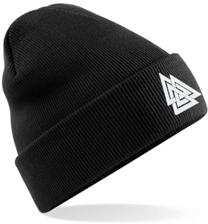 Beanie bestickt Wikinger Motiv | Nordic vikings symbol | individuelle Farbe für dein Wunschmotiv | Wintermütze personalisiert (Valknut - Schwarz)