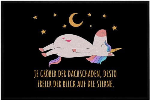 OM3® lustige Fußmatte mit Spruch - Unicorn - Einhorn - je größer der Dachschaden desto freier der Blick auf die Sterne - rutschfest & waschbar - 60x40cm -