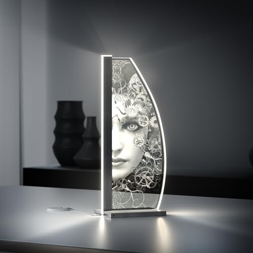 Luverre Tisch-Lampe | LED-Leuchte | Glas-Leuchte mit Gravur für Nachttisch, Kommode, Wohnzimmer (SteamPunk, Segel | anthrazit)