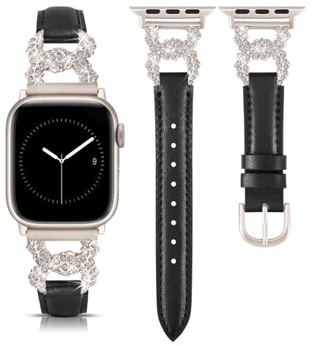 TOYOUTHS Leather Strap Compatible with Apple Watch Straps 41mm 40mm 38mm 42mm Women, Dressy Designer Diamond Interlock Buckle Thin Leather Strap for iWatch 10/9/8/7/6/5/4/3/SE, Black/Starlight