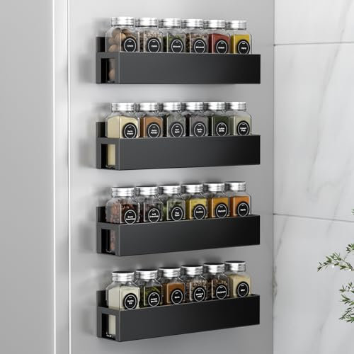 Agotglmi Magnetisches Gewürzregal mit 28 Gewürzgläsern, Gewürzetiketten, Kreidemarker und Trichter-Set, magnetisches Gewürz-Organizer-Regal für Kühlschrank, Mikrowelle, Gewürz-Organizer für Küche, 4